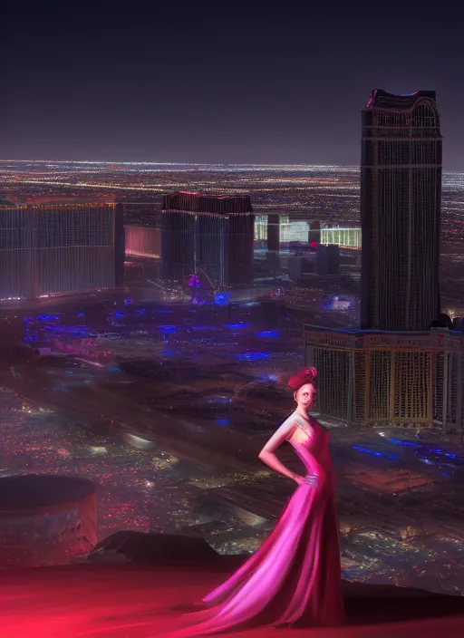 Prompt: full length portrait, duchess of blood, night shot of las vegas in background, highly detailed, CGsociety, subtle, concept art, HDR, hyper realistic, volumetric lighting, subsurface scattering, unreal