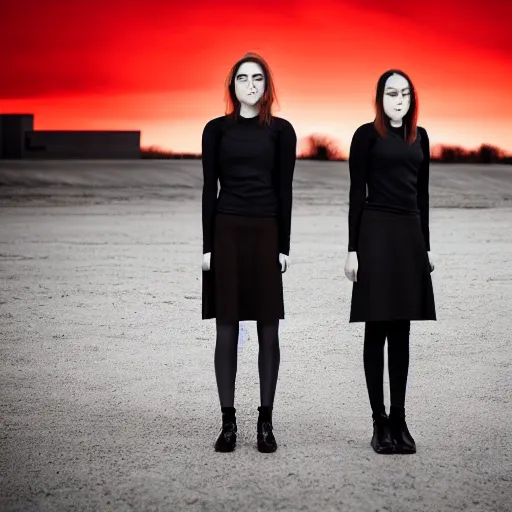 Image similar to photographic portrait of 2 clones in front of a brutalist metal building, 2 techwear women, on a desolate plain, red sky, sigma 8 5 mm f / 1. 4, 4 k, depth of field, high resolution, 4 k, 8 k, hd, full color