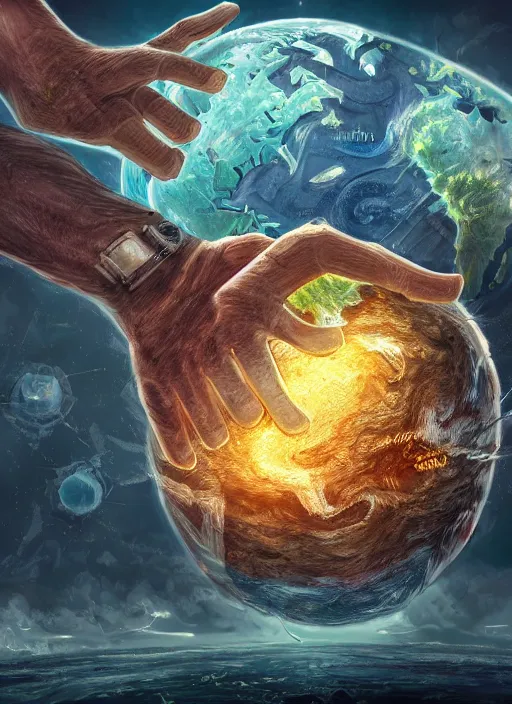 Prompt: destroyed earth held by two hands, digital art, trending on art station, very detailed, detailed background