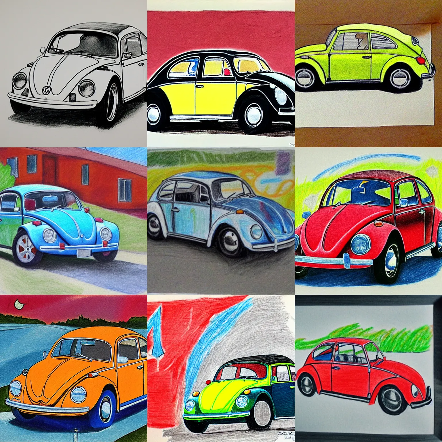 Prompt: childs drawing of a 1970 vw beetle, crayon
