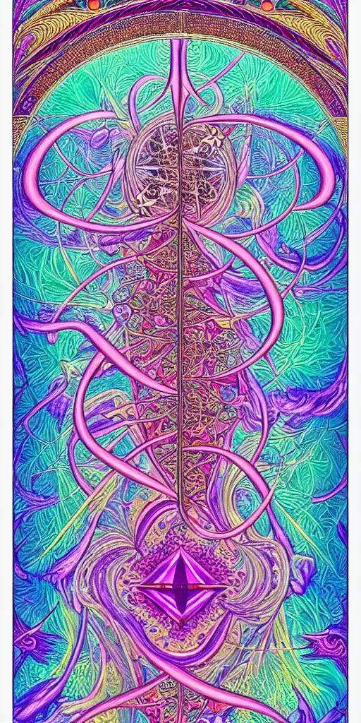 Image similar to a beautiful colorful vaporwave fractal tarot card featuring bold occult imagery with clean lines. haeckel. detailed adult coloring book