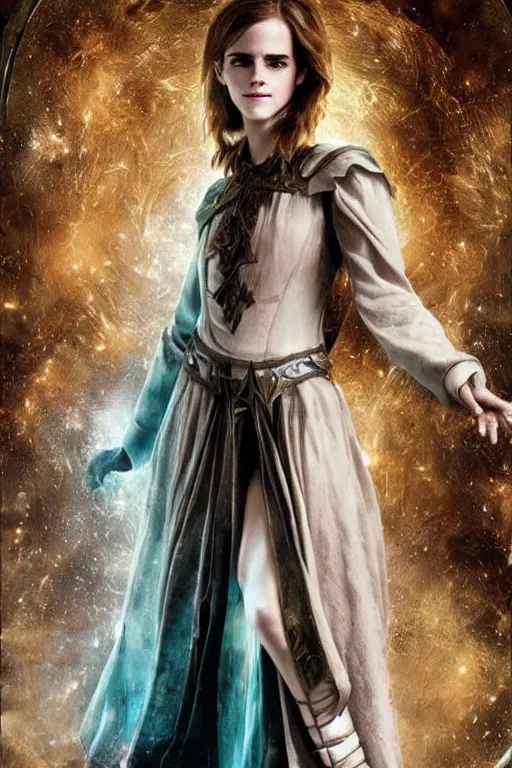 Image similar to beautiful portrait of emma watson as a fantasy dungeons and dragons sorceress wearing arcane magical robes