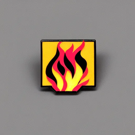 Image similar to a square enamel pin of a fire flames blaze label, smooth curves, behance