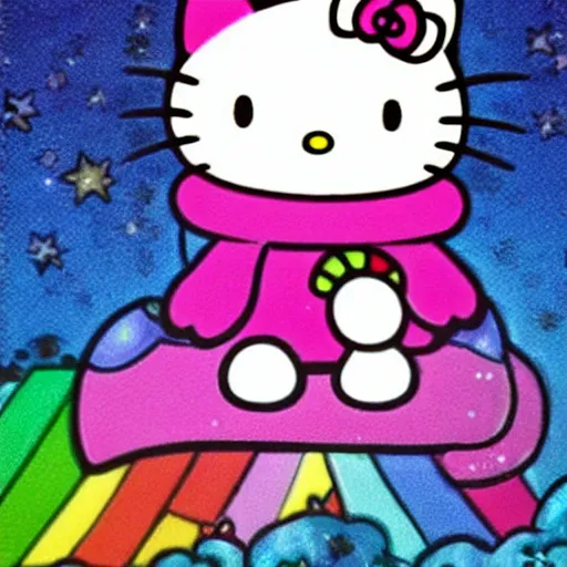 Image similar to Hello kitty riding a unicorn over a rainbow,