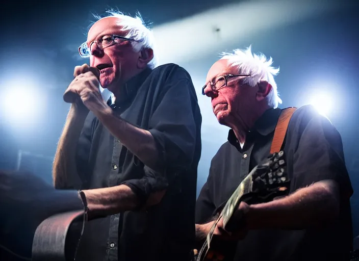 Image similar to publicity photo still of bernie sanders in a death metal band playing live on stage, 8 k, live concert lighting, mid shot