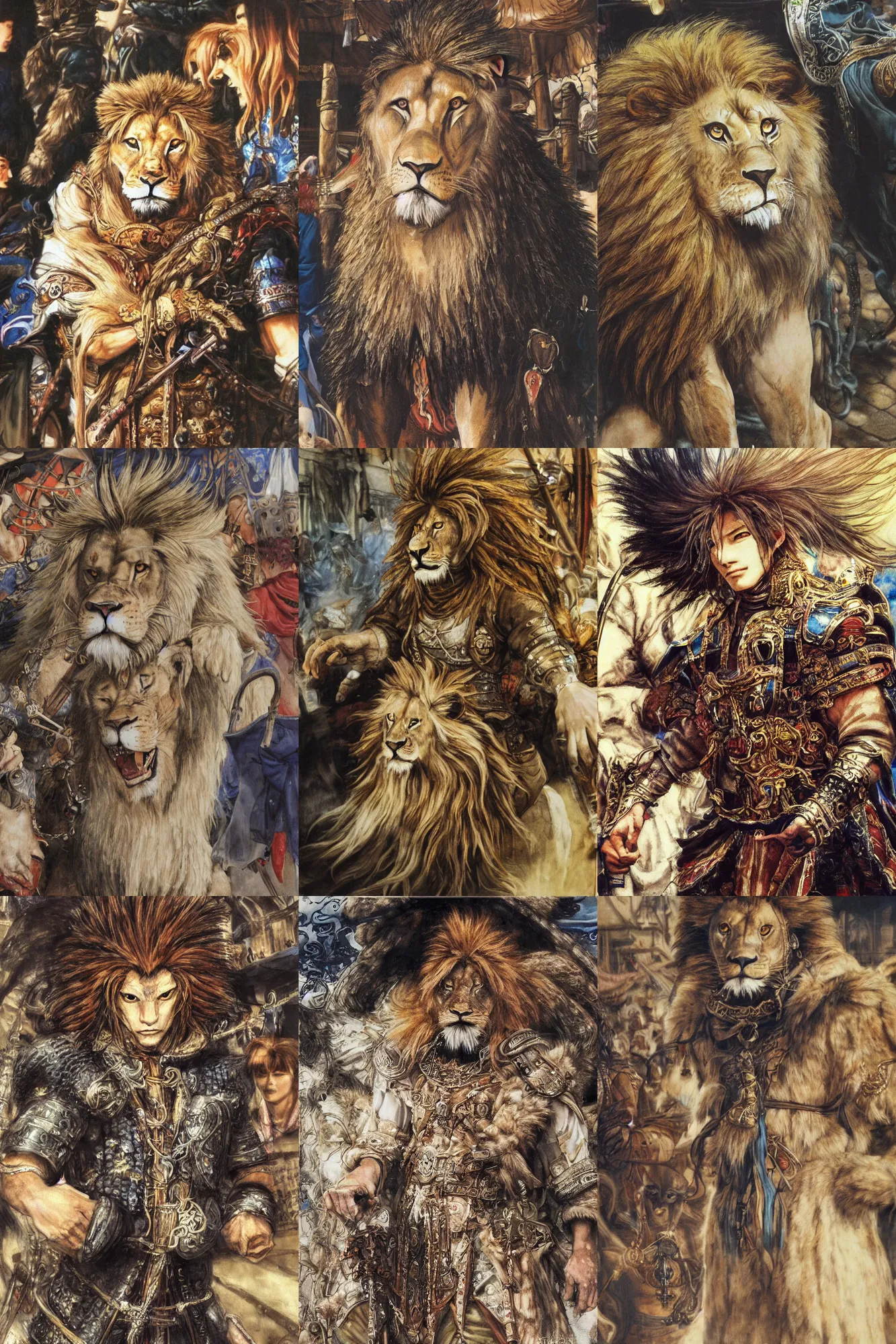 Image similar to 8 k yoshitaka amano painting of upper body of a young cool looking lion beastman with white mane at a medieval market at windy day. depth of field. he is wearing complex fantasy clothing. he has huge paws. renaissance style lighting.