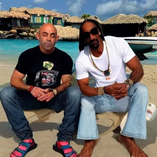 Image similar to joe rogan and snoop dogg chilling in aruba