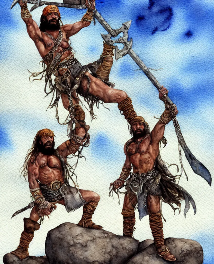 Image similar to randy savage with an anchor weapon slung over his shoulder and foot heroically on a boulder posing alone in desolate wasteland | portrair | fantasy watercolour painting | middle earth | conan | darksun | d & d dungeons and dragons | barbarian