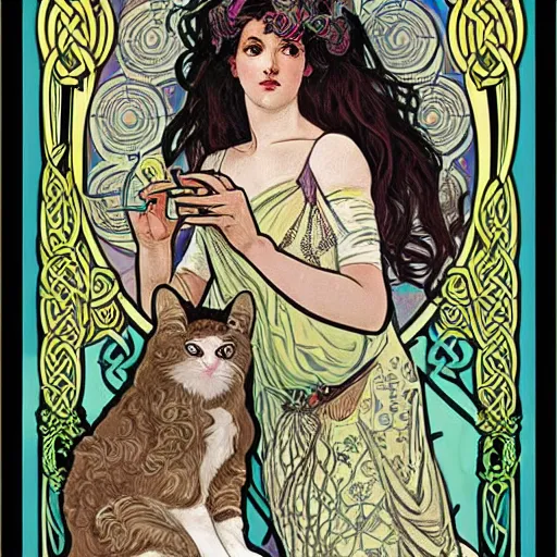 Image similar to lady with long curly hair with a cat beside her, with celtic spread tarot cards on a table in front of her, in a gypsy tent with Alphonse Mucha art nouveau poster style, with thin lines and pastel colors,