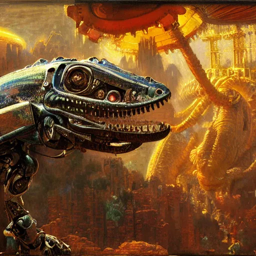 Image similar to highly detailed painting of a robotic humanoid lizard mecha, painting by gaston bussiere, craig mullins, j. c. leyendecker, lights, art by ernst haeckel, john william godward, hammershøi, alex grey, dmt, symmetric, masterpiece details, hyper - detailed, hd, hdr, 4 k, 8 k