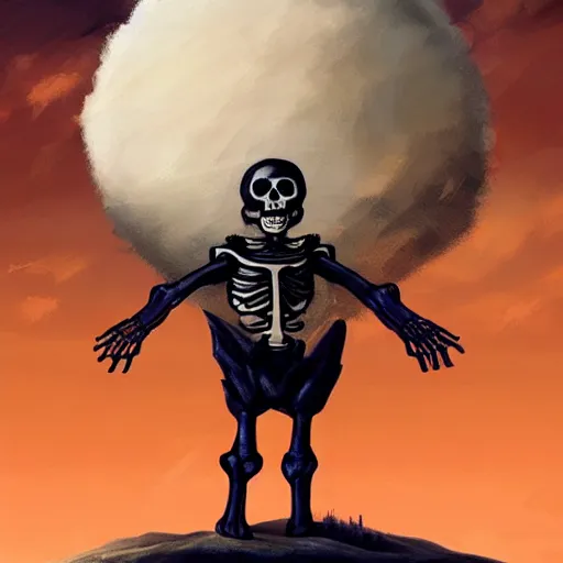 Image similar to beautiful portrait of skeleton with thumbs up, nuclear explosion in the background, trending on Artstation