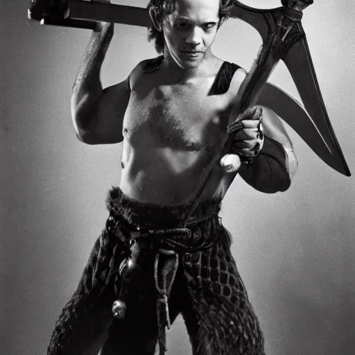 Prompt: a young peter sarsgaard, skinny, dressed as barbarian swinging a sword