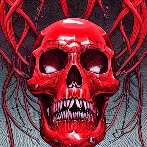 Prompt: a red human skull embraced by the tendrils of a jellyfish by josan gonzalez