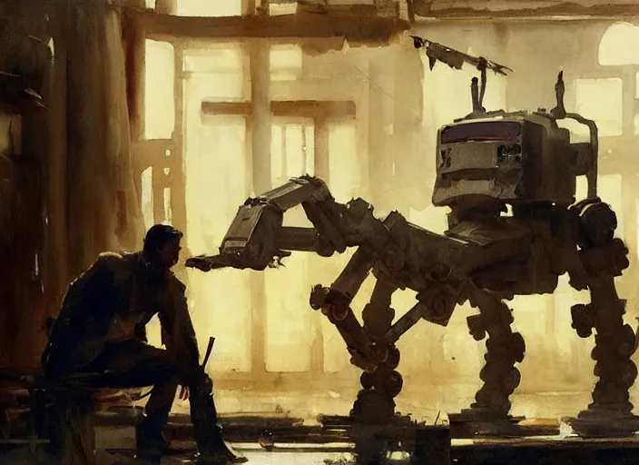 Image similar to oil watercolor painting of young rugged atat robot in western bar, shaven stubble, short hair, mysterious light, art by anders zorn, wonderful masterpiece by greg rutkowski, beautiful cinematic light, american romanticism by greg manchess, creation by tyler edlin