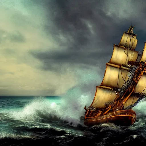 Image similar to pirate ship on a stormy sea