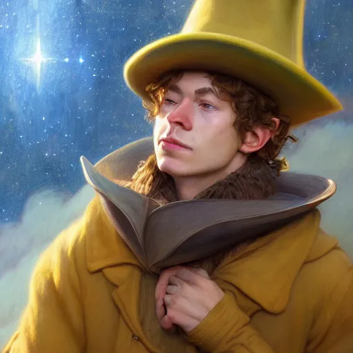 Image similar to epic portrait of snufkin, detailed, nebula skies, digital painting, artstation, concept art, donato giancola, joseph christian leyendecker, wlop, boris vallejo, breathtaking, high details, extremely detailed, sincere face, establishing shot, artistic, hyper realistic, beautiful face, octane render