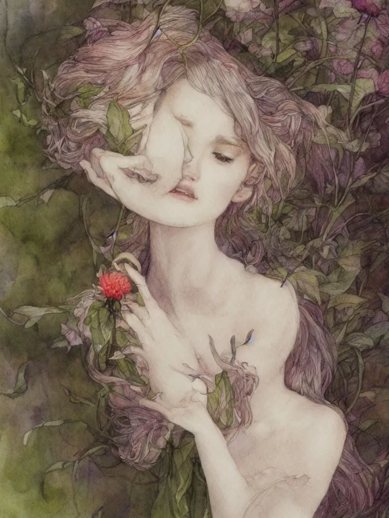 Image similar to study of a flower fairy, illustration, watercolor, alan lee, detailed, pretty, ethereal, realistic, artstation,