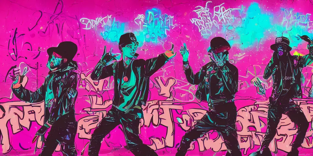 Image similar to psychedelic rap battle, silhouettes, distinct figures, digital art, vapor wave, hip hop, graffiti, trending on Artstation, professional artist, detailed, 4k