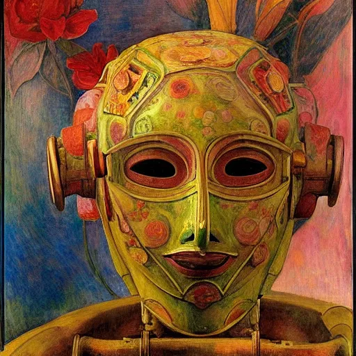 Image similar to the robot in her floral mask, by Annie Swynnerton and Diego Rivera, symbolist, dramatic lighting, elaborate geometric ornament, Art Brut ,god rays, soft cool colors,smooth, sharp focus, extremely detailed, Adolf Wölfli