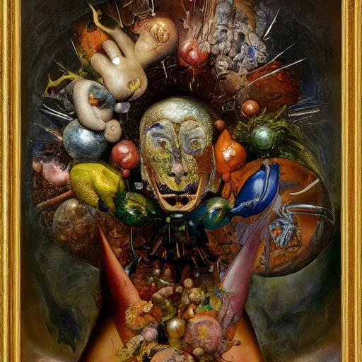 Prompt: an oil painting by arcimboldo, by georgia o keeffe, by botticelli, by giger, by frank frazetta, by gustave moreau, by beksinski, seen through a kaleidoscope, broke mirror, contemporary, brutal, vanity, broken, nerve system, medical, jewels, nebula, space, tonalism, merged, akira