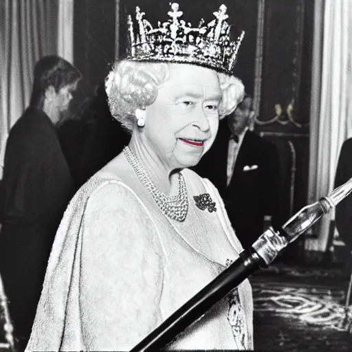 Prompt: Queen Elizabeth using a bong