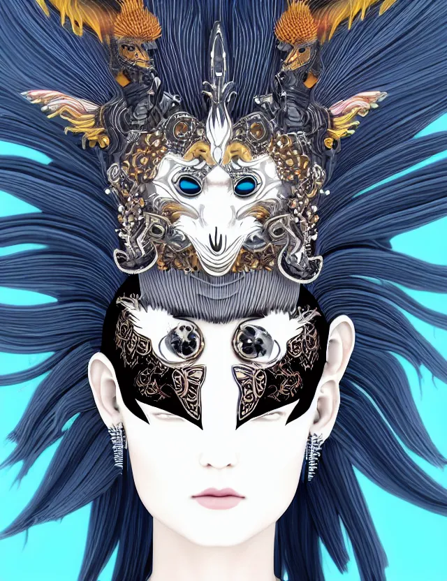 Image similar to 3 d goddess close - up profile portrait punk with mohawk with ram skull. beautiful intricately detailed japanese crow kitsune mask and clasical japanese kimono. betta fish, jellyfish phoenix, bio luminescent, plasma, ice, water, wind, creature