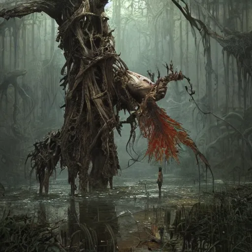 Image similar to rotten stem in the swamp at ddusk, ultra realistic, concept art, intricate details, eerie, highly detailed, photorealistic, octane render, 8 k, unreal engine. art by ed binkley and ellen jewett and artgerm and greg rutkowski and alphonse mucha