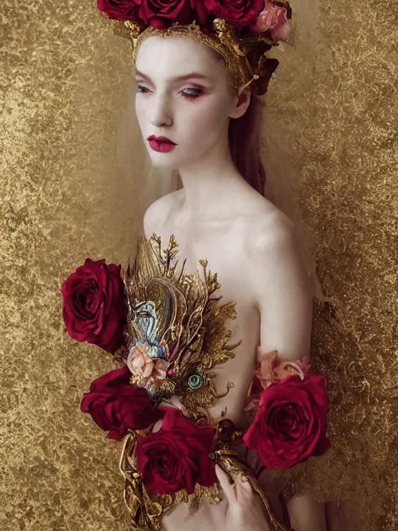 Prompt: a catholic veiled Princess who has rococo dramatic headdress with roses,by Annie Stegg and Jovana Rikalo and VICTOR NIZOVTSEV and Nekro and Billelis,avian-inspired,beaded embroidery,trending on pinterest,hyperreal,Kintsukuroi,gold,maximalist