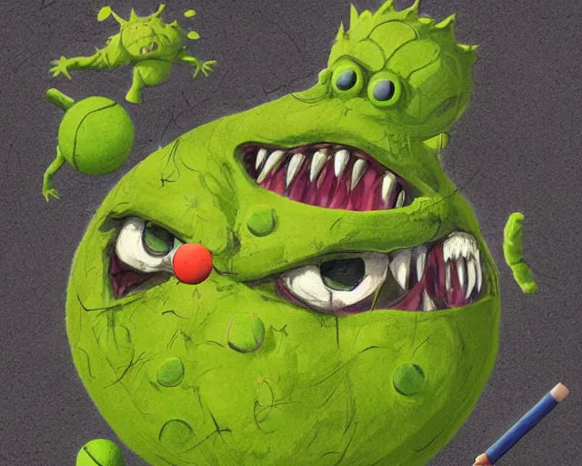 Image similar to tennis ball monsters, theme park, digital art, fantasy, magic, chalk, chalked, trending on artstation, ultra detailed, detailed, fine details, professional illustration by basil gogos