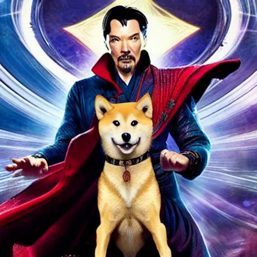 Prompt: dr. strange casting a shield spell in the metaverse with a shiba inu at his feet, hyper realistic, highly detailed, perfect face, smooth, focus, movie still, cinematic