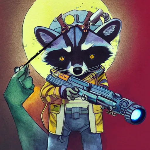 Prompt: racoon holding a laser gun, guardians of the galaxy style, centered award winning watercolor pen drawing, by caroline choi, edited by range murata