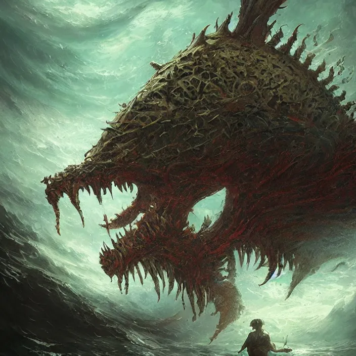 Image similar to sea monster large horror under the ocean d & d, d & d style, trending on artstation, intricate, highly detailed, vivid painting, colorful, art by greg rutkowski