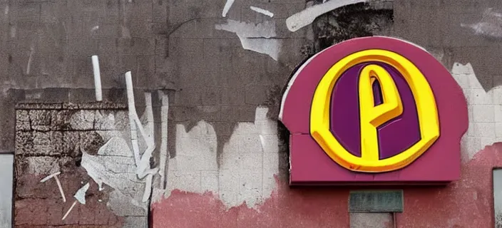 Prompt: deteriorating disintegrating fast food taco bell mcdonalds logo destroyed advertising signs decaying and torn ripped burned old rusted
