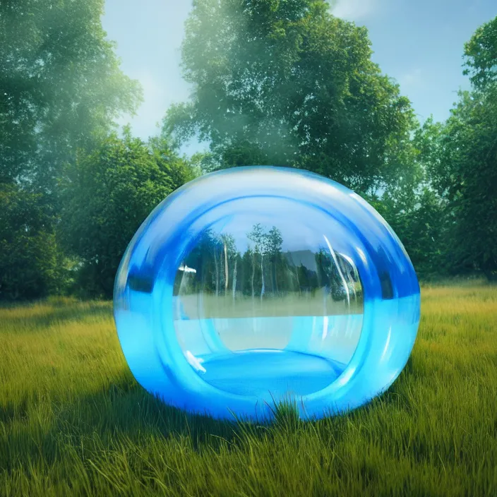 Image similar to render of one huge fantasy transparent translucent bluish slime in the meadow. fantasy, high details, masterpiece, cgsociety, octane render, 8 k, volumetric lighting, photorealism, translucent raytracing, artstation contest winner