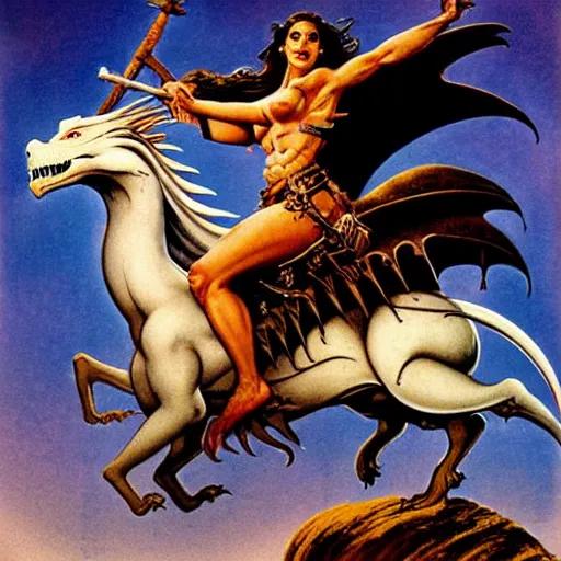 Prompt: jennifer connelly as a warrior maiden riding a dragon into battle by frank frazetta