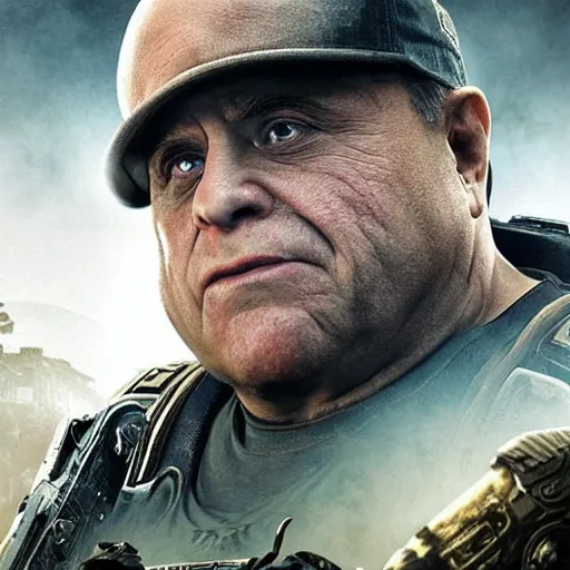 Prompt: danny devito danny devito in gears of war, splash art, movie still, detailed face, photorealistic facial features, cinematic lighting, dramatic, octane render, long lens, shallow depth of field, bokeh, anamorphic lens flare, 8 k, hyper detailed, 3 5 mm film grain