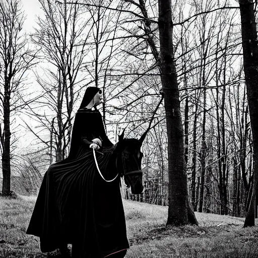 Prompt: Medieval woman princess in red dress sits astride black steed horse. Girl rider in vintage cloak cape train flies in wind motion. Background green trees spruce forest, spring winter nature melted snow , Kodak TRI-X 400, melancholic