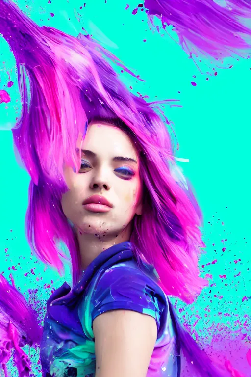 Prompt: a award winning half body portrait of a beautiful woman in a croptop and cargo pants with ombre purple pink teal hairstyle with head in motion and hair flying, paint splashes, splatter, outrun, vaporware, shaded flat illustration, digital art, trending on artstation, highly detailed, fine detail, intricate