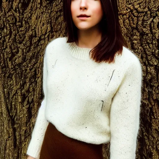 Prompt: real life photo of a beautiful girl, full body photoshoot, long brown hair, brown eyes, full round face, short smile, wool sweater belly free, forest setting, cinematic lightning, medium shot, mid - shot, highly detailed, trending on artstation, unreal engine 4 k, 8 0 mm, 8 5 mm, cinematic wallpaper