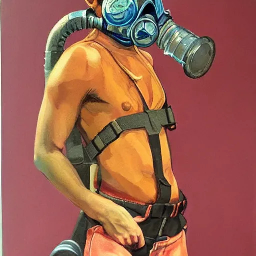 Image similar to detailed details art concept a 1 5 year old teenager, wears a singlet shirt, shorts and fanny packs and sometimes wears a gas mask, handling ak 4 8 in the style of bob peak and alex ross, gouache and wash paints color, detailed details facial and body and human and environments and proportionate, detailed 5 k details.