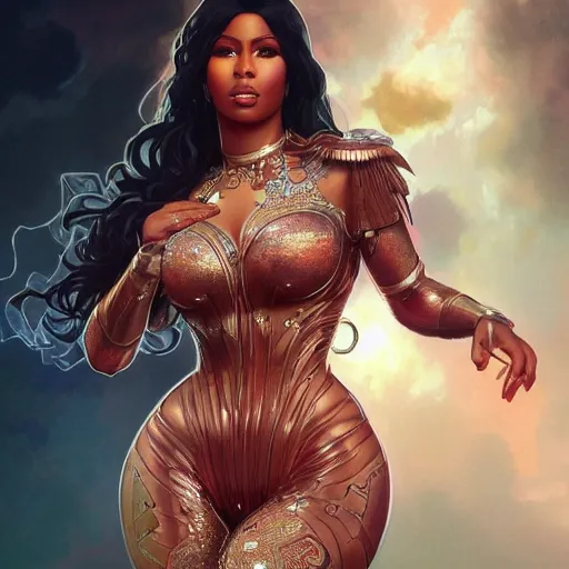 Image similar to full figure ultra realistic illustration, nicki minaj as donna troy, intricate, elegant, highly detailed, digital painting, artstation, concept art, smooth, sharp focus, illustration, art by artgerm and greg rutkowski and alphonse mucha