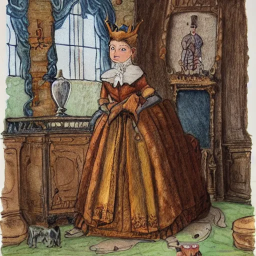 Prompt: werewolf royalty standing in a throne room, dressed in a 1800\'s royal outfit, traditional art, very fine detail and texture, royal workshop, in the art style of beatrix potter, Willem Wissing, watercolor, colored pencil, ink, oil, acryllic