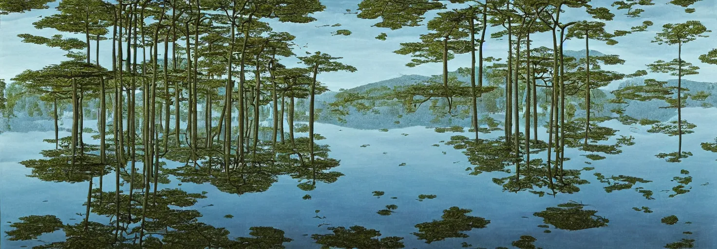 Image similar to escher painting of a lake, big trees reflecting on lake surface, ultra sharp, ultra detailed, colorized by salvador