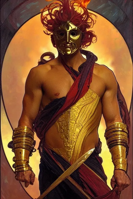 Prompt: A man wearing golden mask, hair like fire, muscular, painting by greg rutkowski and alphonse mucha
