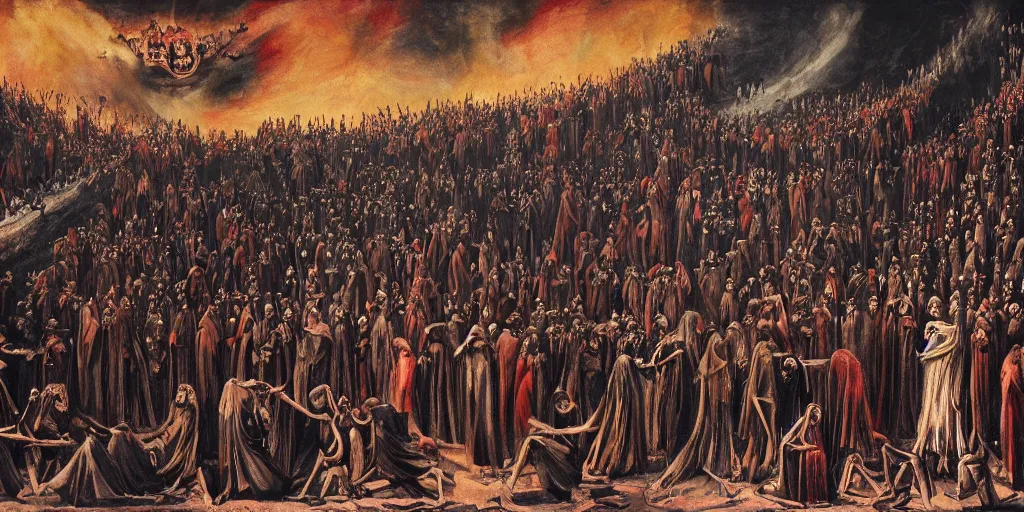 Prompt: dante's inferno painting, with people in black hooded tunic like in the film eyes wide shut of stanley kubrick, illuminati symbol, crows, skeletons, crosses, jesus, dark beauty, rotten gold, perfect faces, extremely detailed, cinema 4 d, unreal engine.