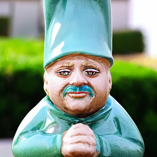 Prompt: photo of a ceramic garden gnome with the face of Lady Gaga