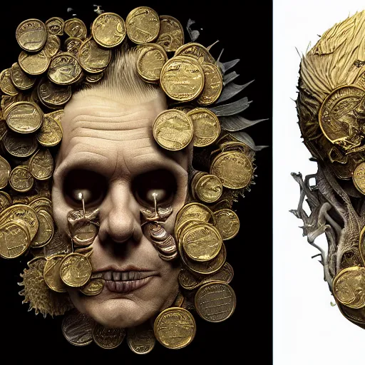 Image similar to a beautiful detailed 3 d matte portrait of donald trump, by ellen jewett, by tomasz alen kopera, by justin gerard, ominous, magical realism, texture, intricate, skull, skeleton, gold coins, money, whirling smoke, alchemist bottles, radiant colors, fantasy, volumetric lighting, high details