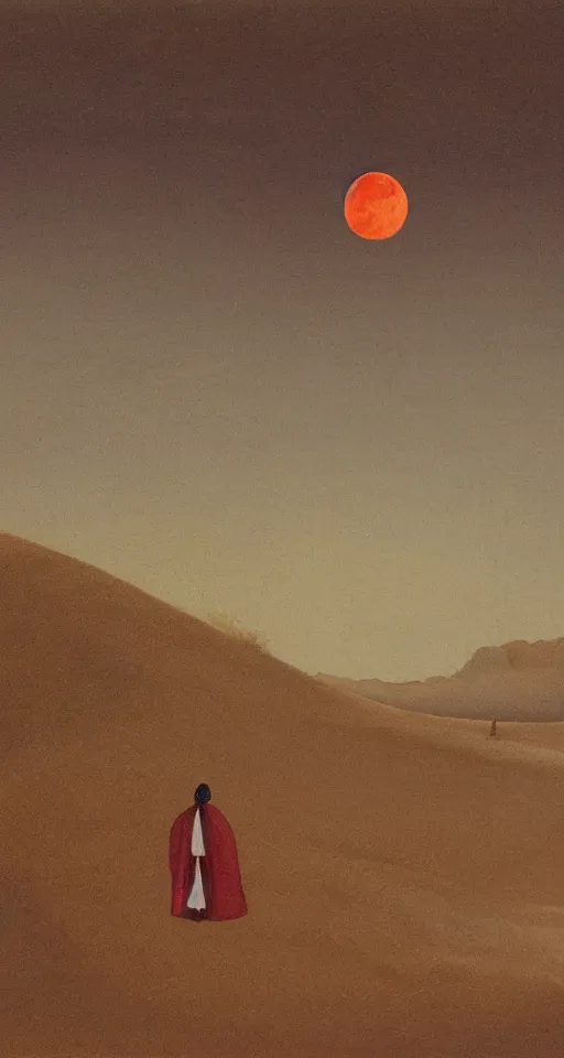 Image similar to big red moon in the desert. ruins of the ancient city. a man in a cloak with a hood and a staff looks into the distance from the dune, visual novel, oil painting