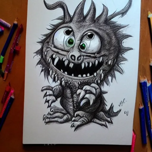 Prompt: very detailed drawing, cute little scary monster, style of chris ryniak morning scribbles