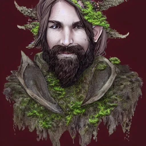 Prompt: portrait of a d&d elf druid, half of his face is covered in lichen and mushrooms, they are surrounded by 3 wolves
